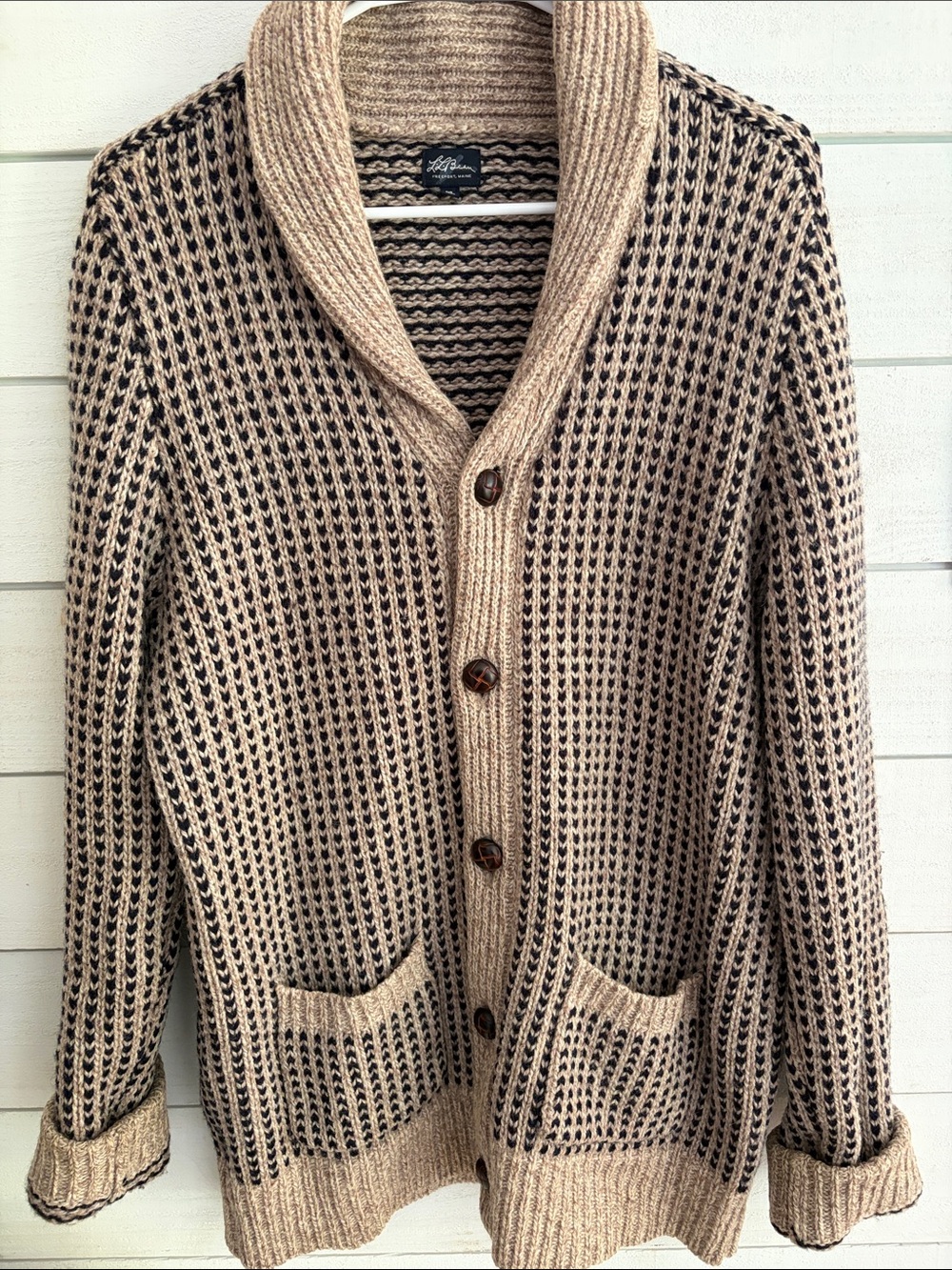 L L Bean men’s 100% Shetland wool birdseye shawl collar cardigan sweater size M